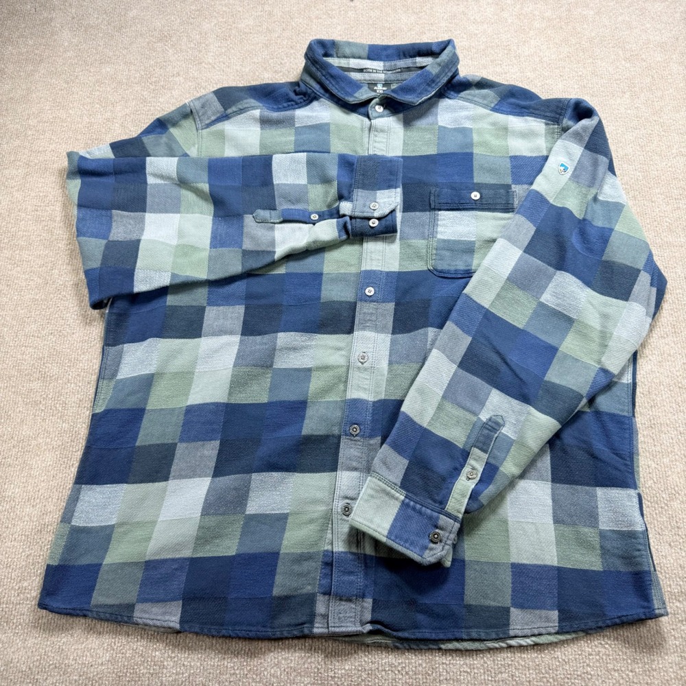 Kuhl Mens XXL Blue Green Plaid Flannel Button Down Shirt Long Sleeve Outdoor